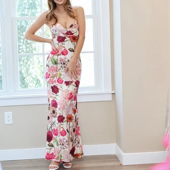 NWT Katie May Tara Gown Cowl Neck Pink Daisy Floral Maxi Dress size XL $288 MSRP - Picture 2 of 9
